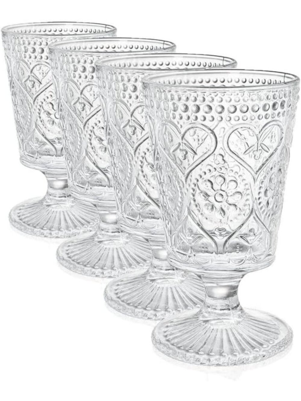 Set of 6 Vintage Clear Glass Goblets - Embossed Floral Wine & Cocktail Tumblers